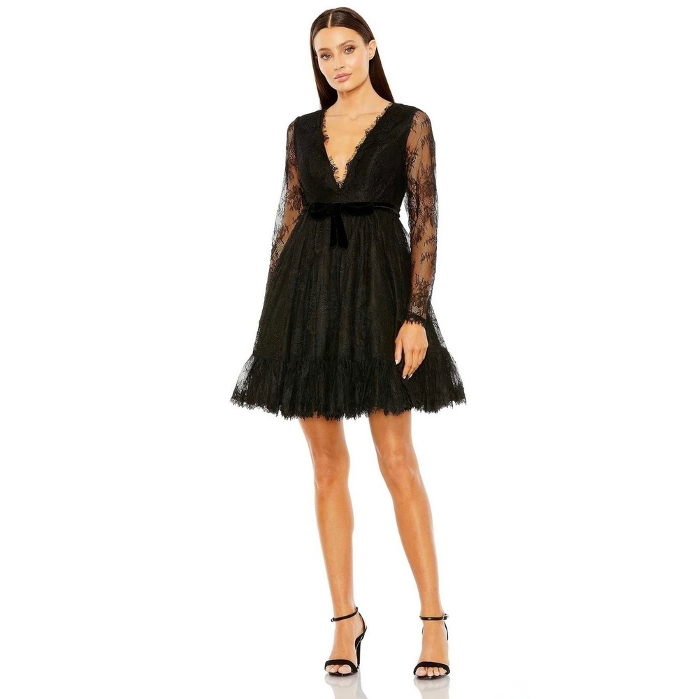 Mac Duggal 49794 Black Lace Long Sleeve Mini Dress NWT Size 10